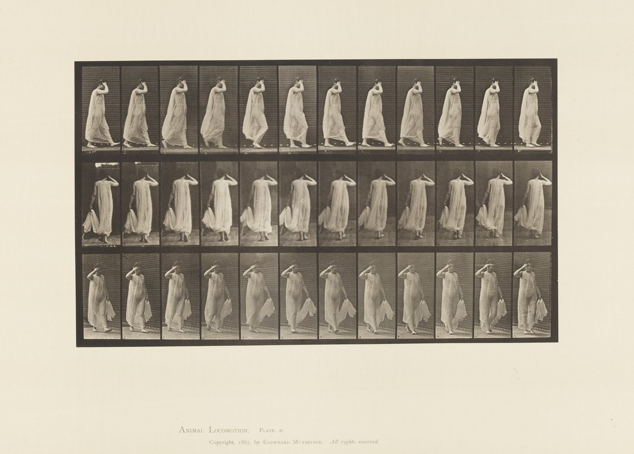 Planche 37. Marche, main gauche tenant une robe, main droite au visage - Eadweard Muybridge