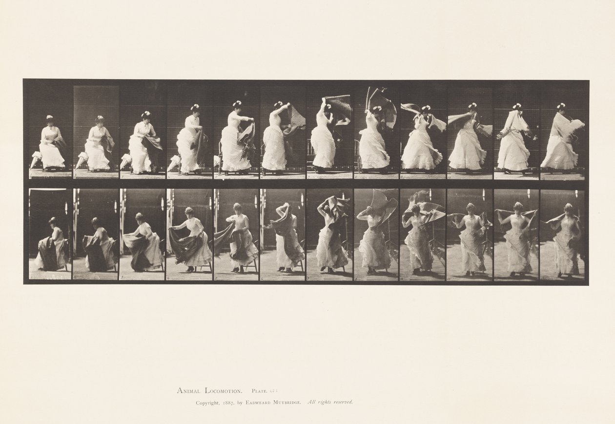 Planche 424. Toilette ; Se lever de la chaise et mettre un châle, 1885 - Eadweard Muybridge