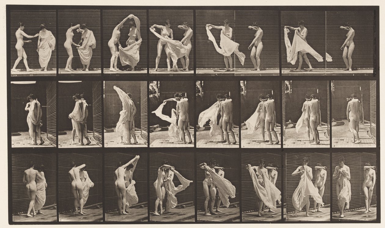 Planche 429. Toilette; Deux modèles, 1 se déshabillant 8, 1872-1885 - Eadweard Muybridge