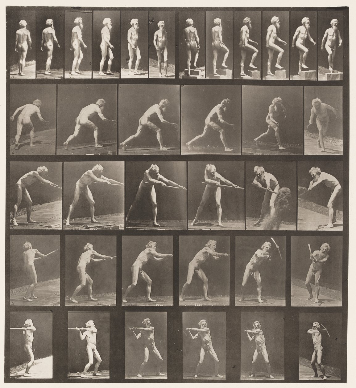 Planche 521. A, Marche; B, Monter une marche; C, Lancer un disque - Eadweard Muybridge