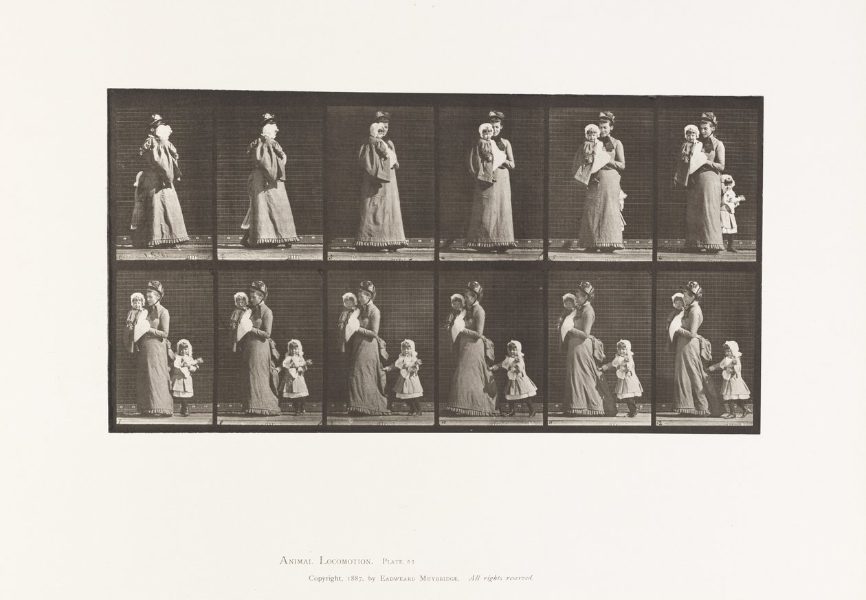 Planche 52. Marchant en portant un enfant, se retournant; un autre enfant tenant la robe - Eadweard Muybridge