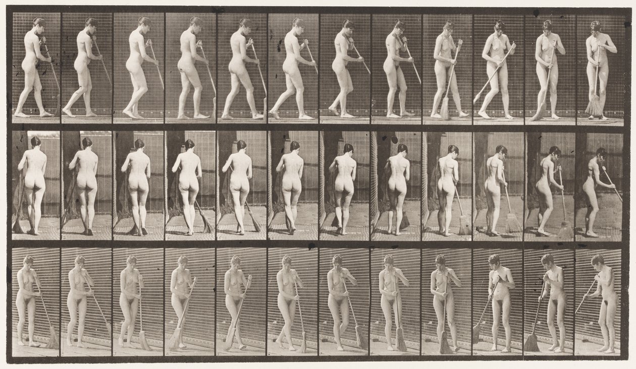Planche 58. Marche, se retourner en balayant le sol - Eadweard Muybridge