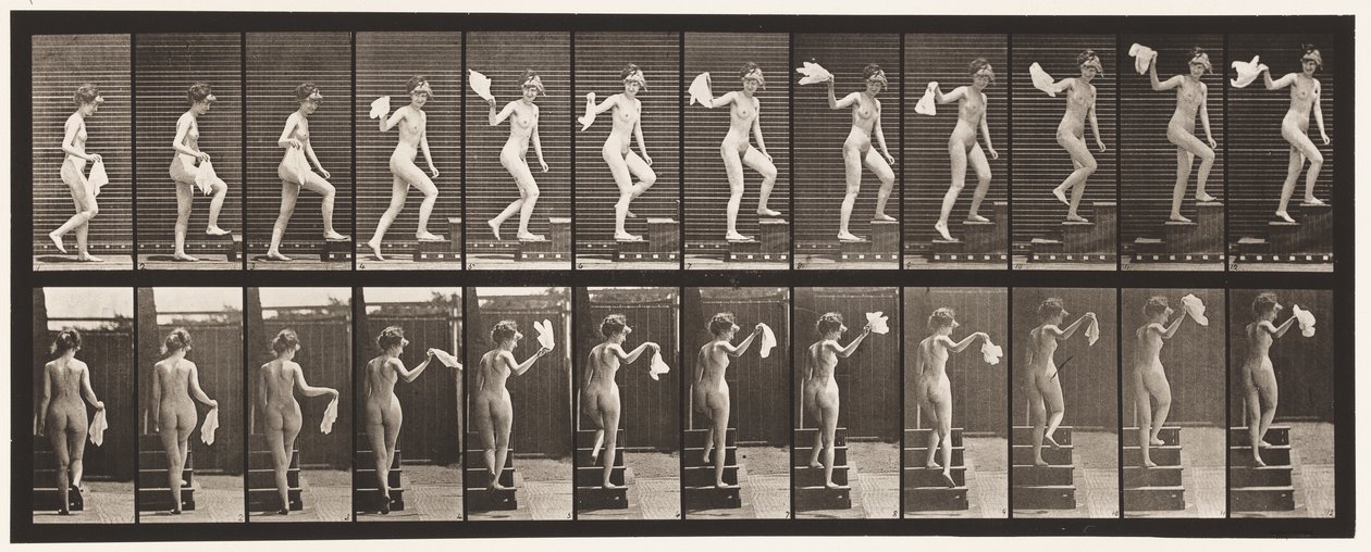Planche 96. Monter des escaliers en regardant autour; Agitant un mouchoir - Eadweard Muybridge