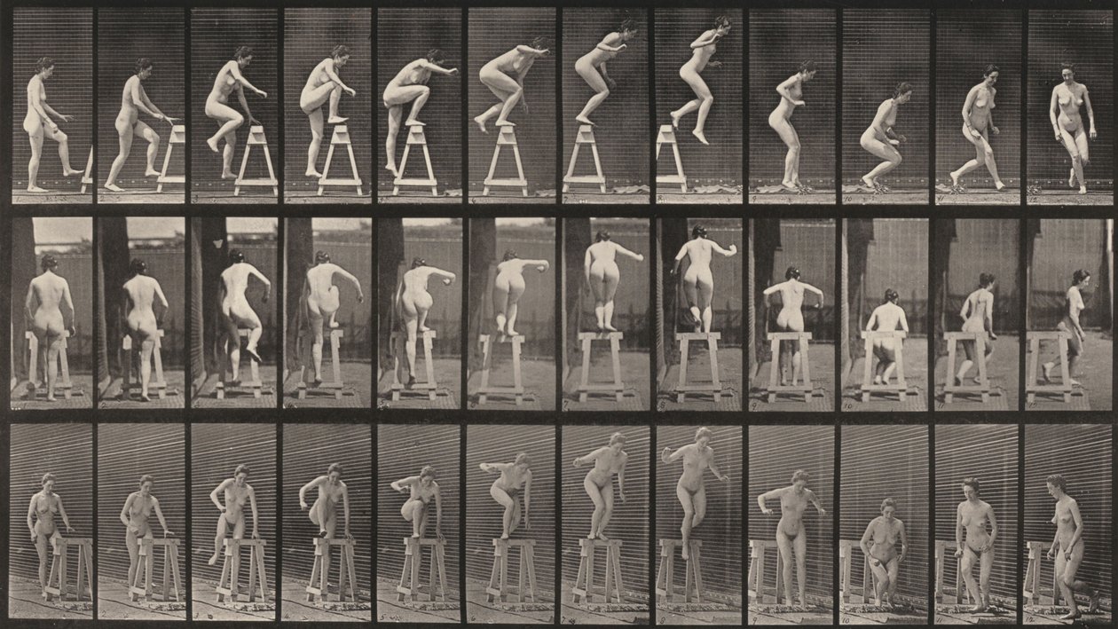 Planche numéro 171. Monter sur un tréteau, sauter en bas et se retourner - Eadweard Muybridge