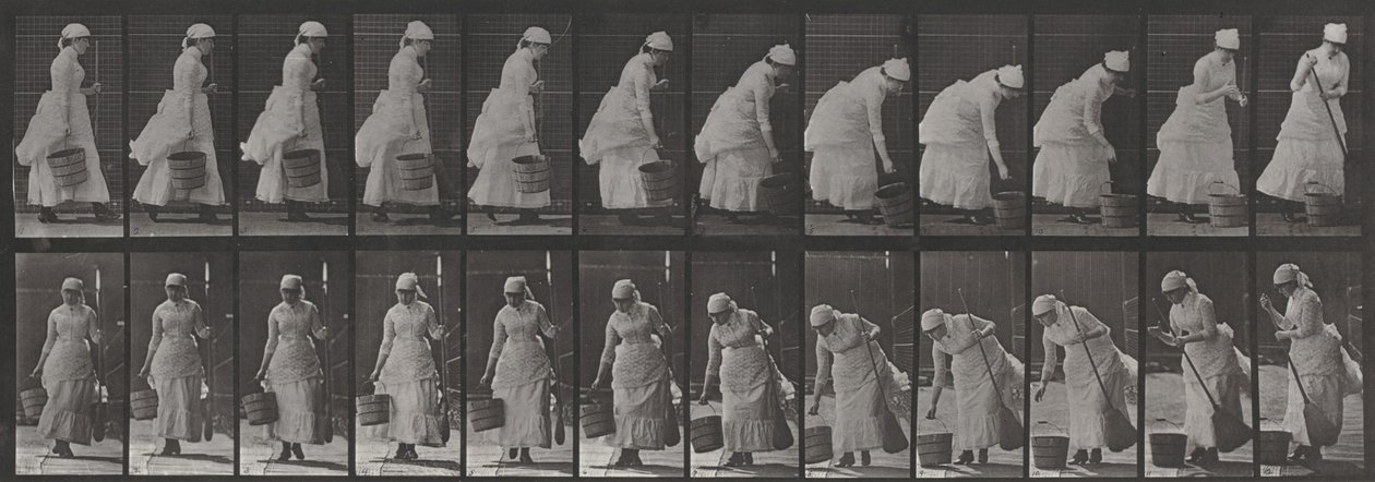 Planche numéro 437. Poser un seau et se préparer à balayer - Eadweard Muybridge