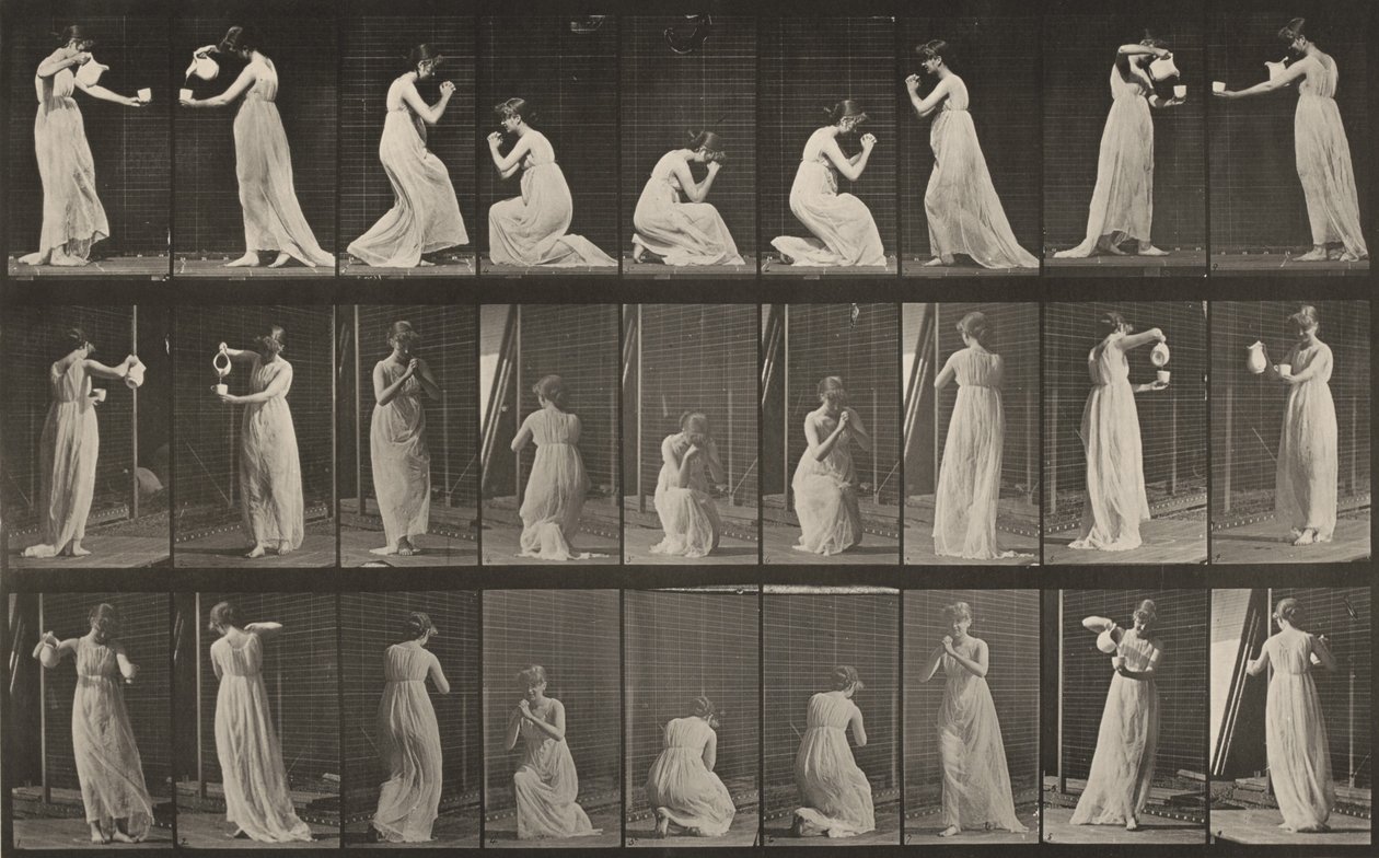 Planche numéro 502. Diverses poses, penchés, agenouillés, etc. - Eadweard Muybridge