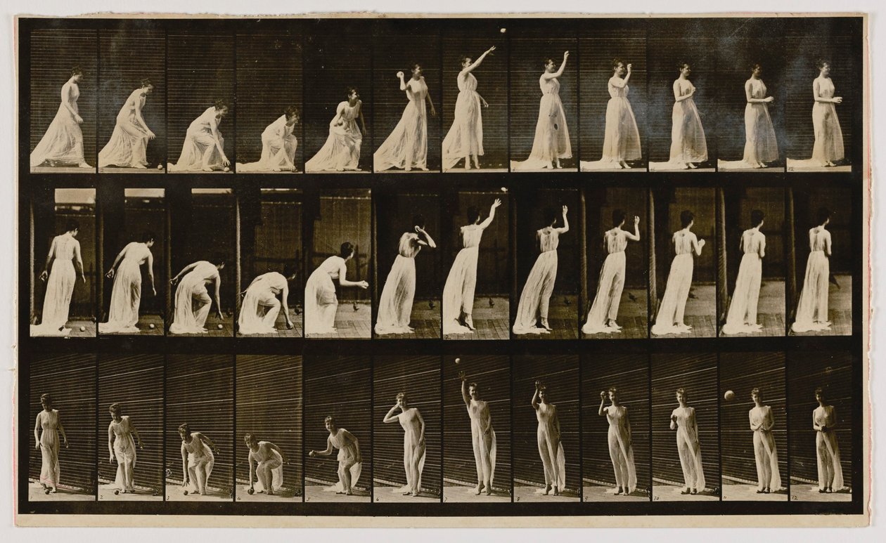Femme ramassant un ballon et le lançant, extrait du livre Animal Locomotion - Eadweard Muybridge