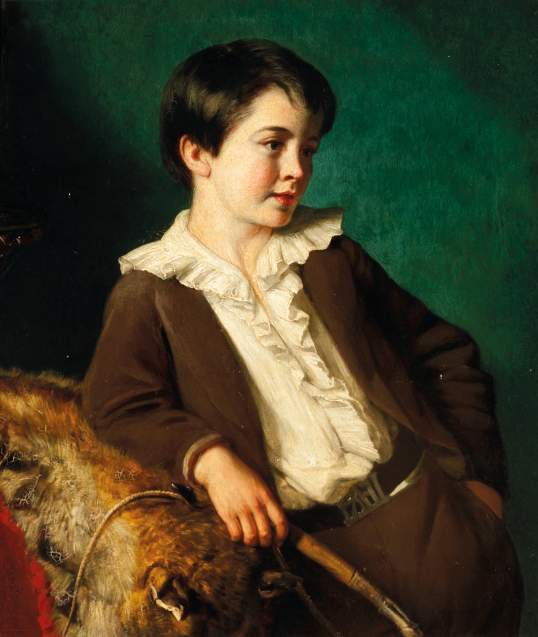 Portrait de Maître John Lethbridge de Tregeare Manor, Launceston, Devon, trois-quarts de longueur, en costume marron tenant un fouet, appuyé sur une peau d