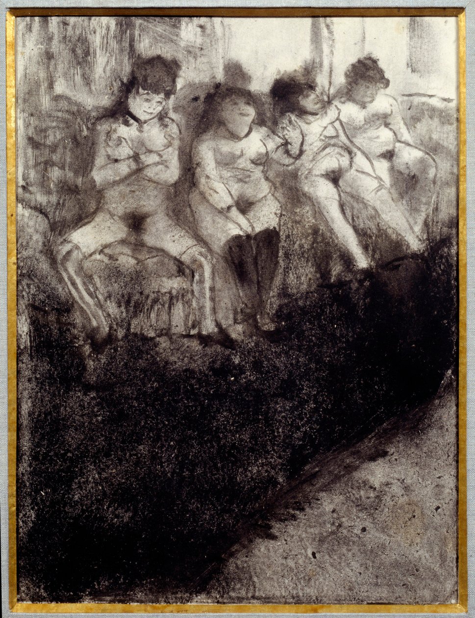 En attente (deuxième version). Il y a des prostituées attendant des clients dans un bordel. - Edgar Degas