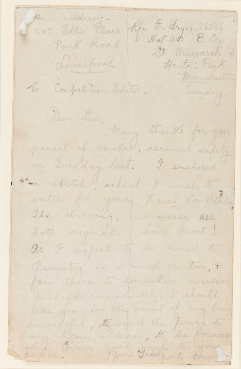 Lettre à un éditeur de concours de journal, 1914-18 - Edgar Fryer