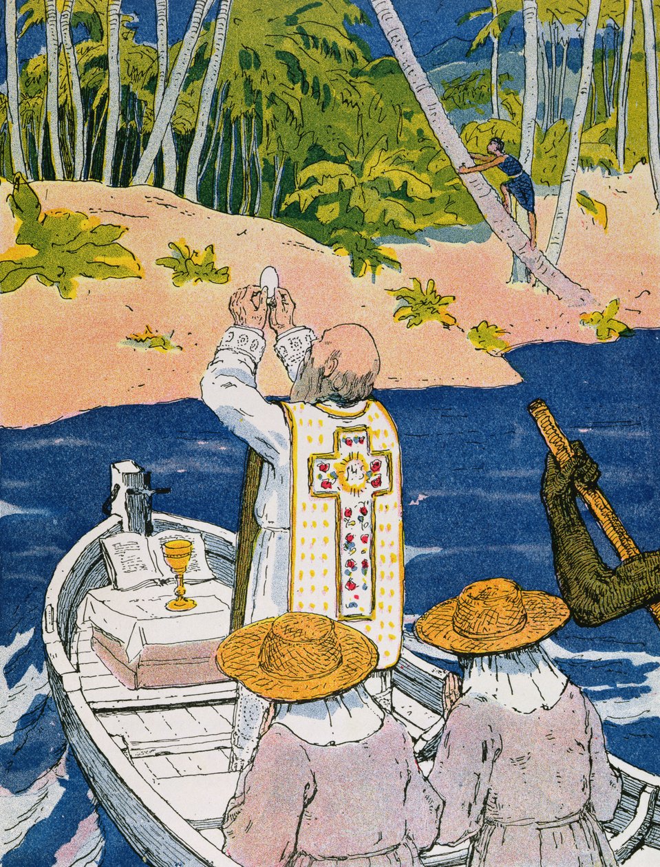 La prise de la messe dans la lagune", illustration tirée de "A la Conquete du Monde Paien" de Georges Goyau (1869-1939) 1933 (lithographie en couleurs) - Edgar Maxence