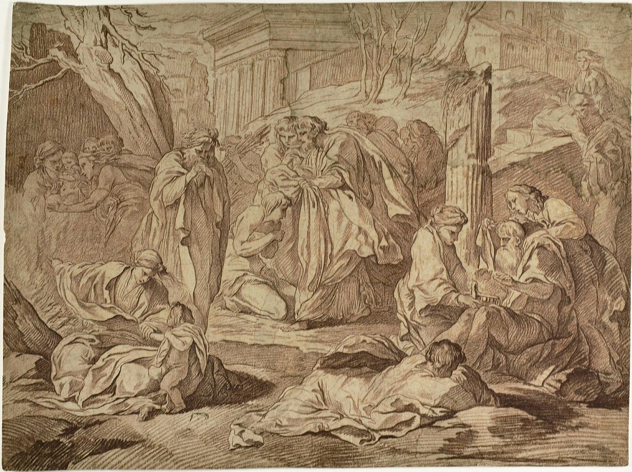 Un saint habillant les pauvres parmi les ruines d