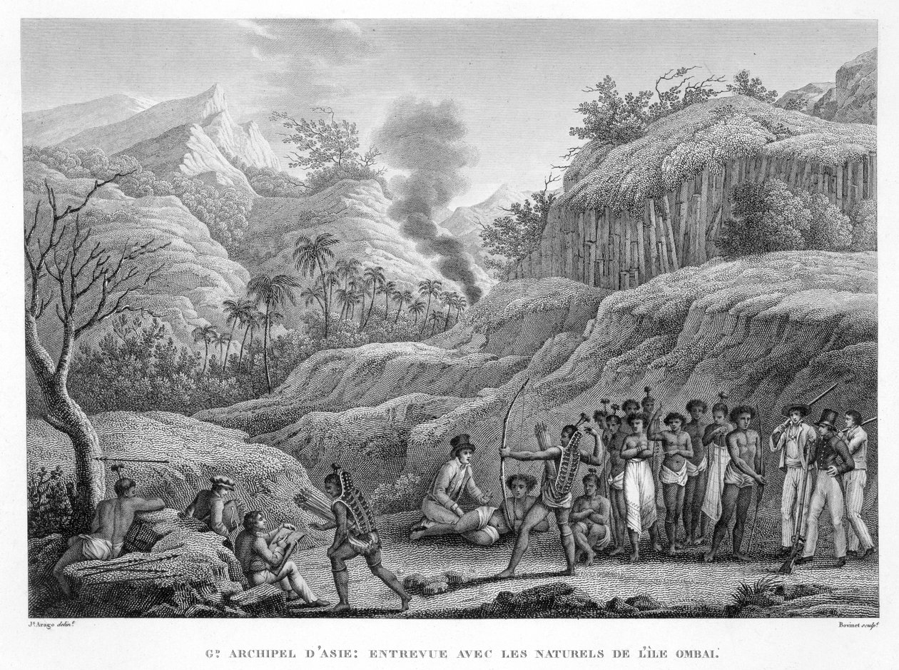 Grand Archipel Asiatique : explorateurs français avec des indigènes sur l