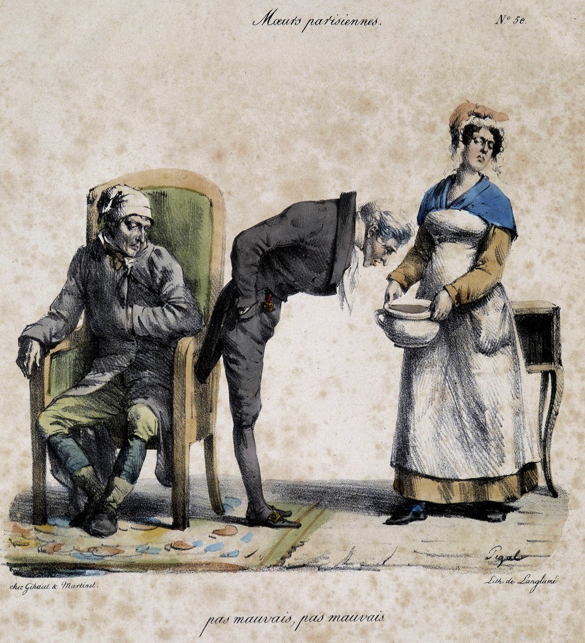 Malade, médecin regardant dans le pot et servante. Caricature des mœurs parisiennes par Pigal (19e siècle), conservée au Musée Dobrée à Nantes. - Edme Jean (after) Pigal