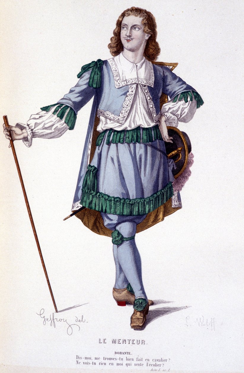 Le personnage de Dorante dans la comédie Le Menteur - Théâtre complet : (Collection de pièces de Corneille) dessin de Geffroy, gravure de L. Wolff - éd. Laplace, Sanchez et Cie, Paris 1884 - Edmond Aime Florentin Geffroy