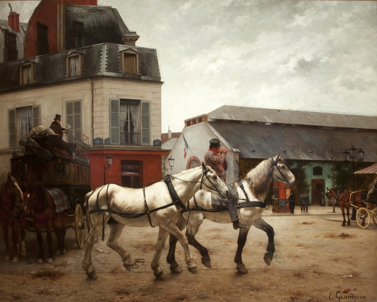 Un arrêt de carrosse sur la place de Passy - Edmond Georges Grandjean