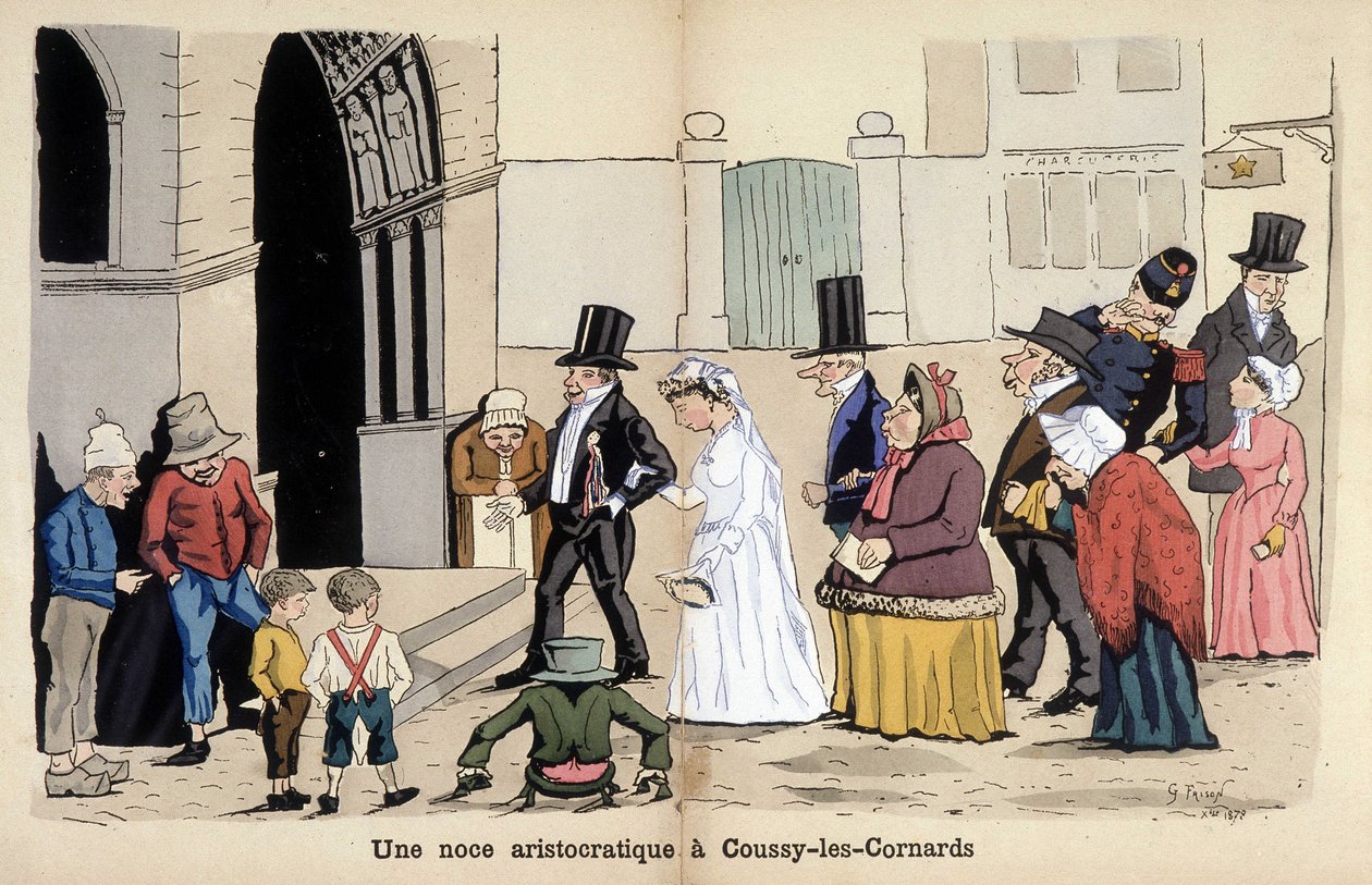 Caricature sur la société française par Lavrate : un mariage aristocratique à Coussy les Cornards. 1880 - Edmond Lavrate