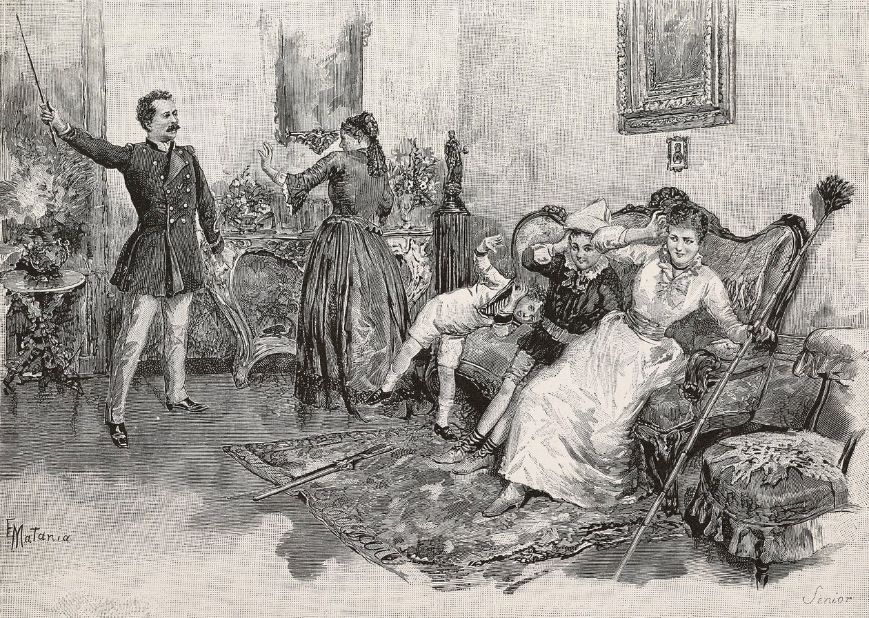 Deux femmes et deux enfants effrayés par un homme intimidant, gravure d