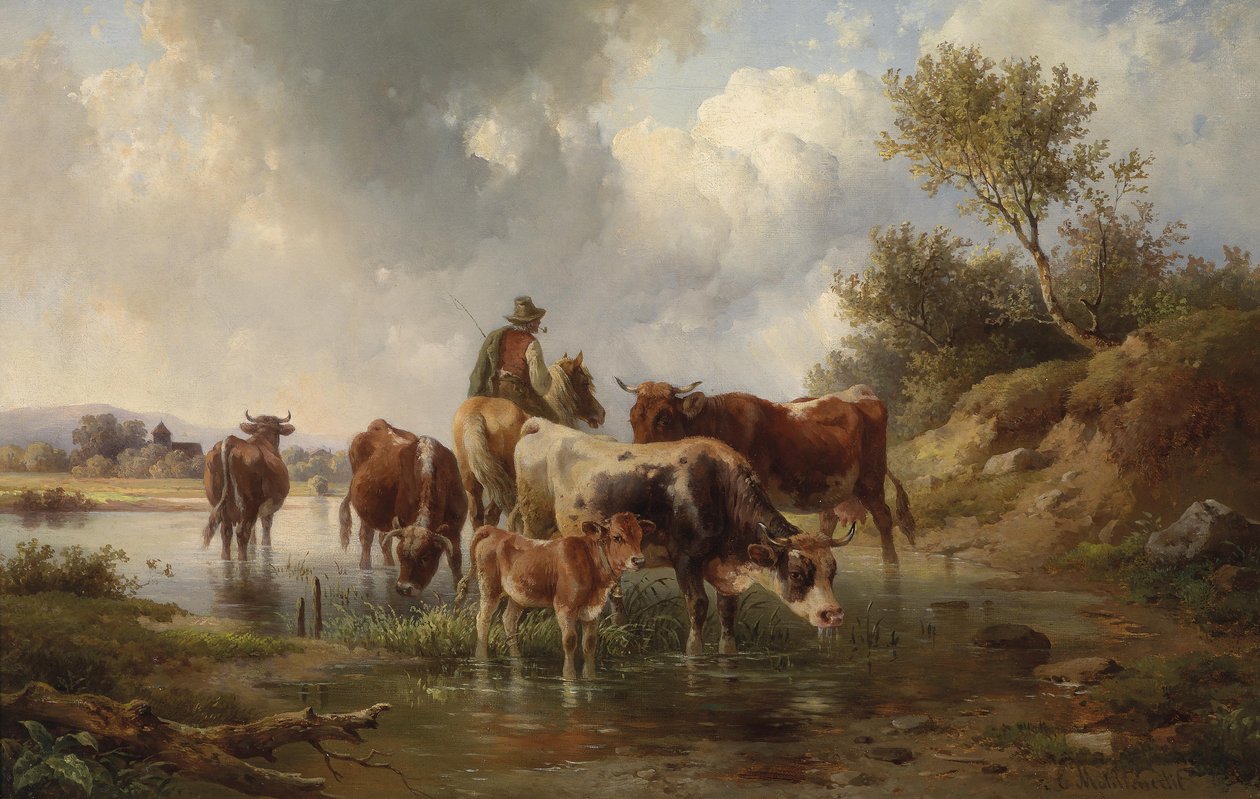 Vaches avec bergers au gué - Edmund Mahlknecht