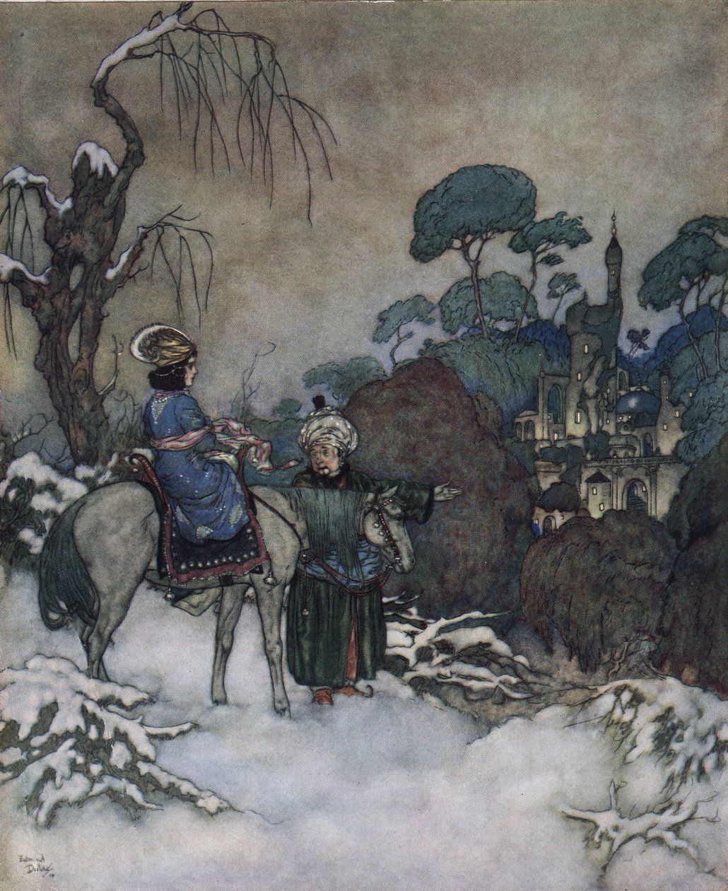 La Belle et la Bête : la Belle, ayant accepté de prendre la place de son père prisonnier de la Bête pour le libérer, se dirige vers le château, vers 1910 - Edmund Dulac