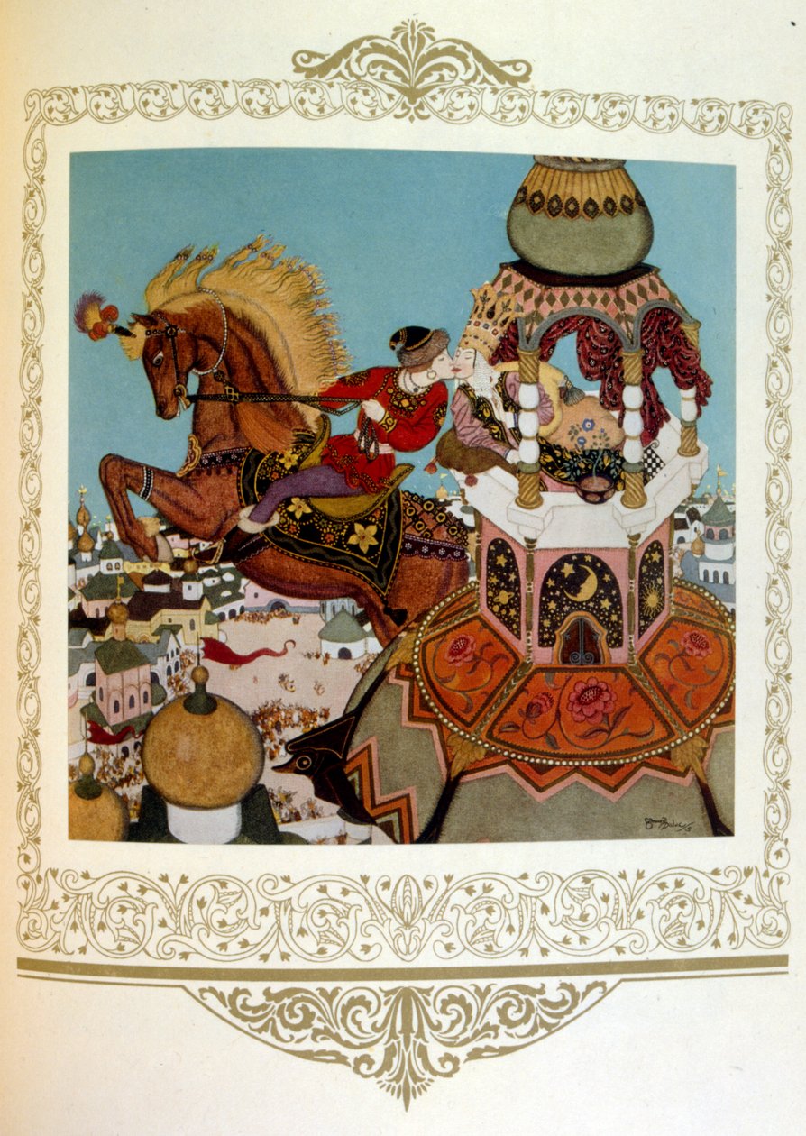 Prince embrassant une belle princesse dans une tour. Russie par Dulac - Edmund Dulac