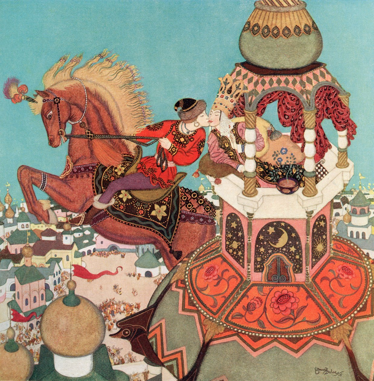 "Le cheval alezan semblait flotter dans les airs au sommet de son saut pendant que ce baiser durait", illustration du conte russe Ivan et le Cheval Alezan, tirée du 