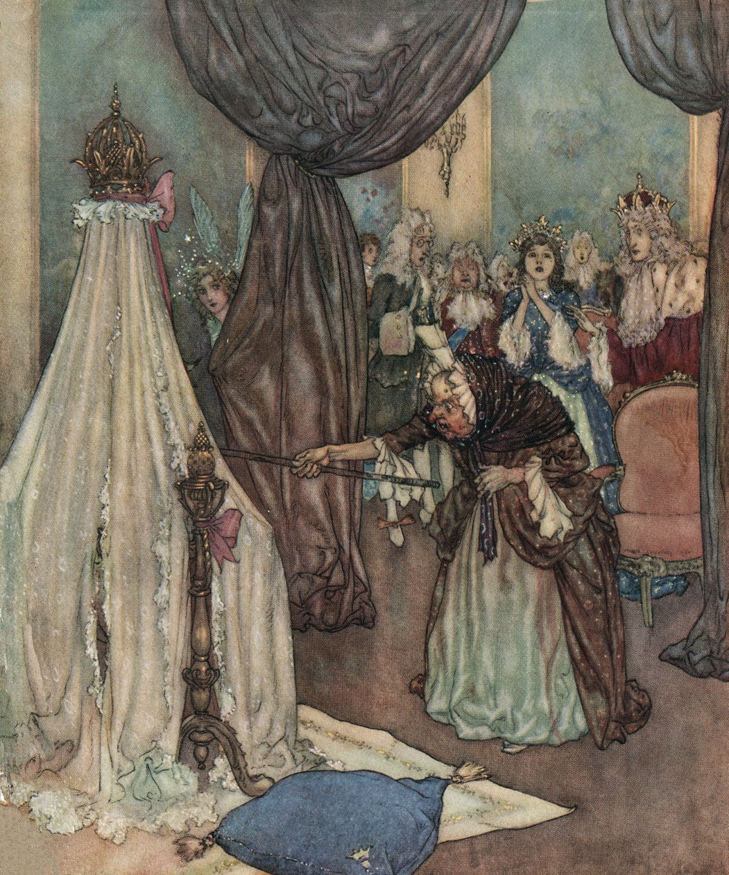 La belle au bois dormant : une vieille fée se penche sur le berceau de la princesse et la maudit, c.1910 - Edmund Dulac