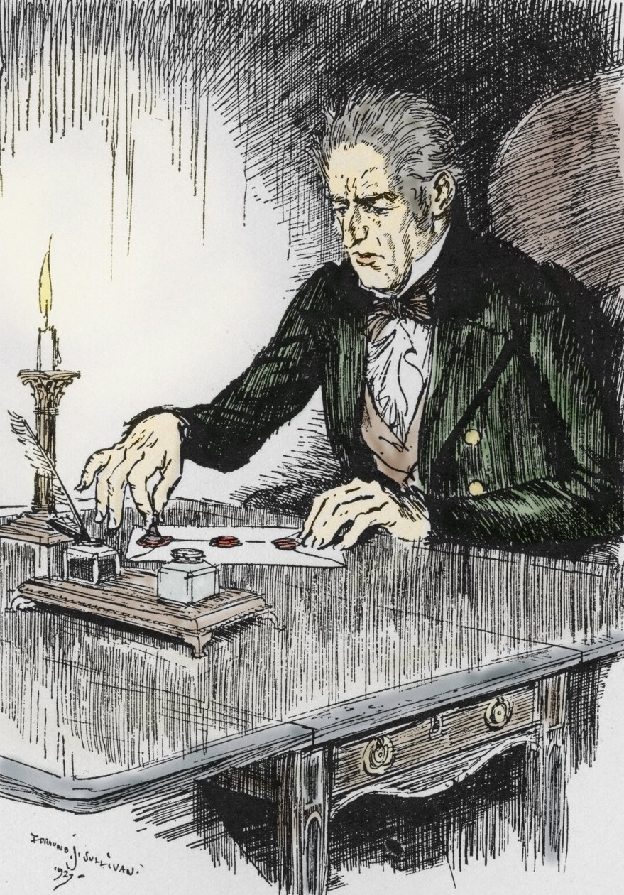 Dr Jekyll ferme la lettre où il avoue être Mr Hyde le meurtrier, Illustration par Edmund Joseph Sullivan (1869-1933) pour le roman « L