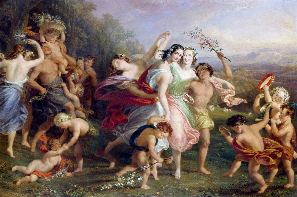 "Matinee de mai" Danse et rondes de personnages des bois, enfants couronnes de fleurs. Peinture d