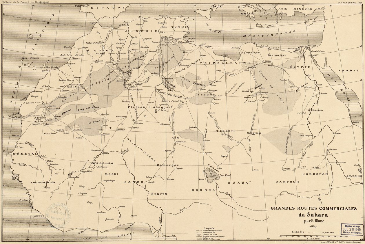 Carte de 1889 des routes commerciales transsahariennes par l