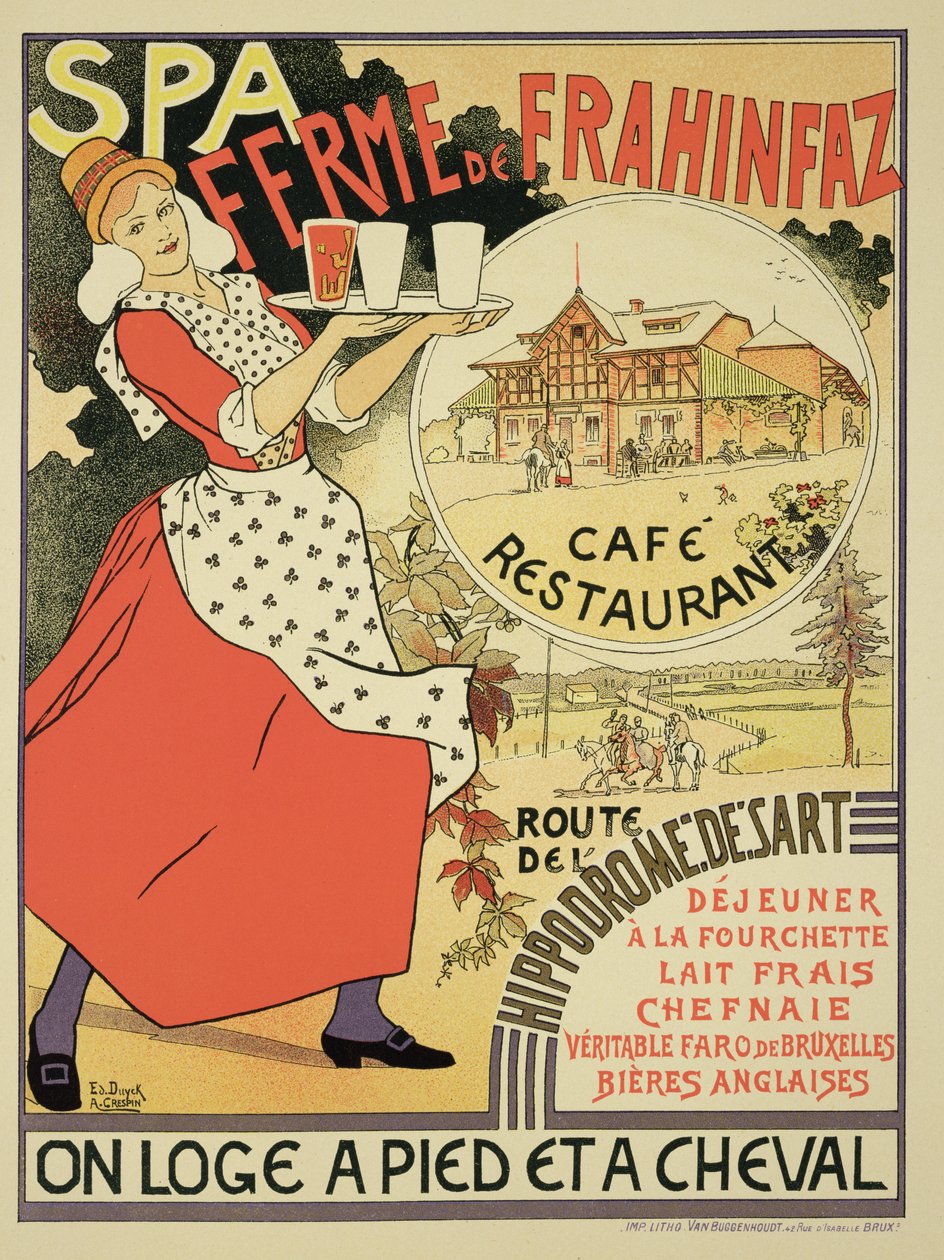 Affiche publicitaire pour la Ferme de Frahinfaz, un café et restaurant près de Spa, Belgique, 1896 - Adolphe Louis Charles Crespin