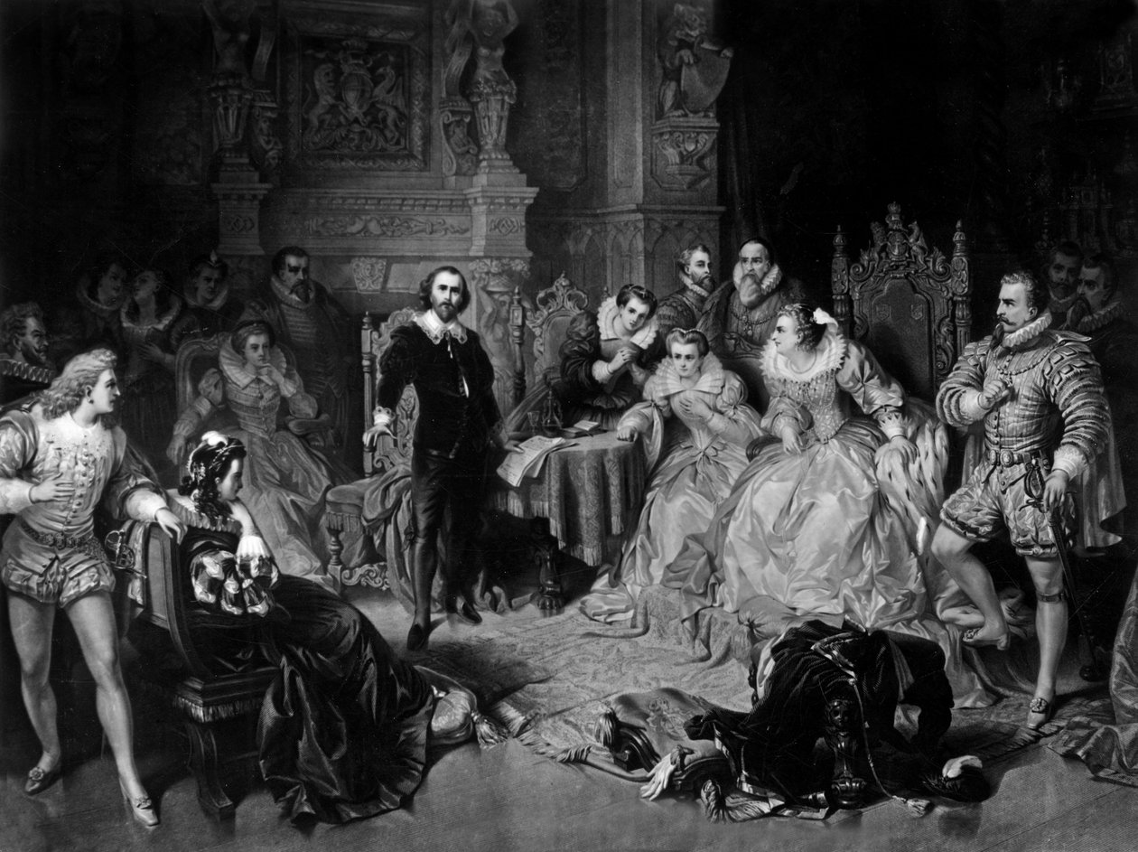 William Shakespeare (1564-1616) à la cour de la reine Élisabeth Ire, gravé par Pierre Cottin, vers 1864 (mezzotinte) - Edouard (after) Ender
