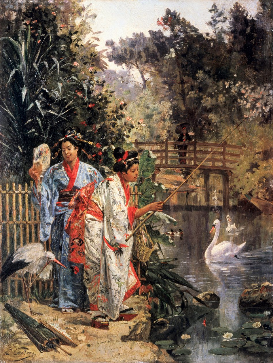 "Au jardin japonais" Deux japonaises en kimono s