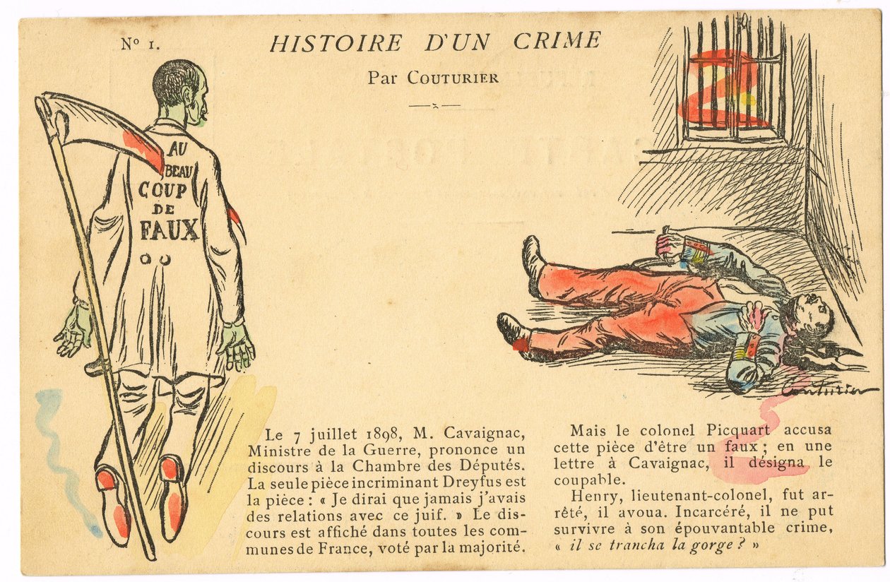Carte postale, satirique en couleurs : Affaire Dreyfus - Illustration du colonel Henry par Couturier (1869-1935) - Edouard Couturier