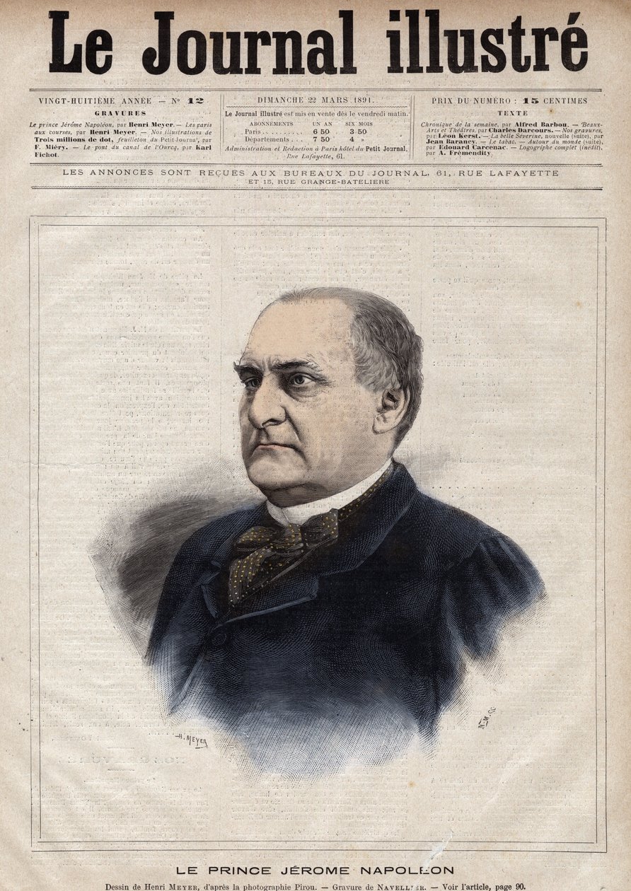 Jérôme Bonaparte dit Plon (Plonplon) (1822-1891) (Napoléon-Jérôme Bonaparte ou Prince Jérôme Napoléon), fils de Jérôme Bonaparte (1784-1860) - Gravure de Navellier dans « Le Journal Illustré » de 1891 - Edouard Felicien Eugene Navellier