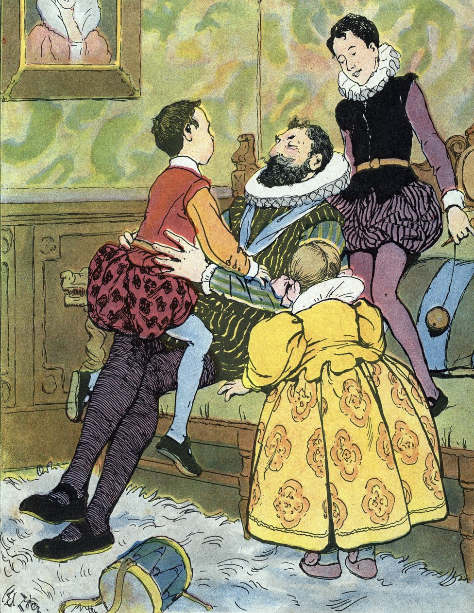 Le roi de France Henri IV jouant avec ses enfants (1553-1610) Illustration par Edouard Zier dans « Nos-Gloriers-Nationales » 1920 Collection privée - Edouard Francois Zier