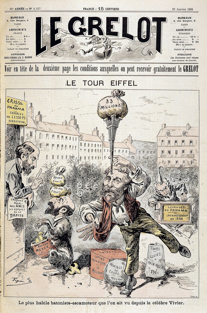 Caricature sur les scandales financiers « La Tour Eiffel : le plus habile bâtonniste - rétracteur vu depuis le célèbre Vivier ». Couverture « Le Grelot » du 22 janvier - Edouard Guillaumin Pepin