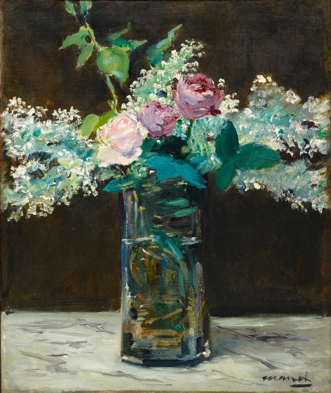 French: Vase avec lilas blanc et rosés Vase of White Lilacs and Roses - Édouard Manet