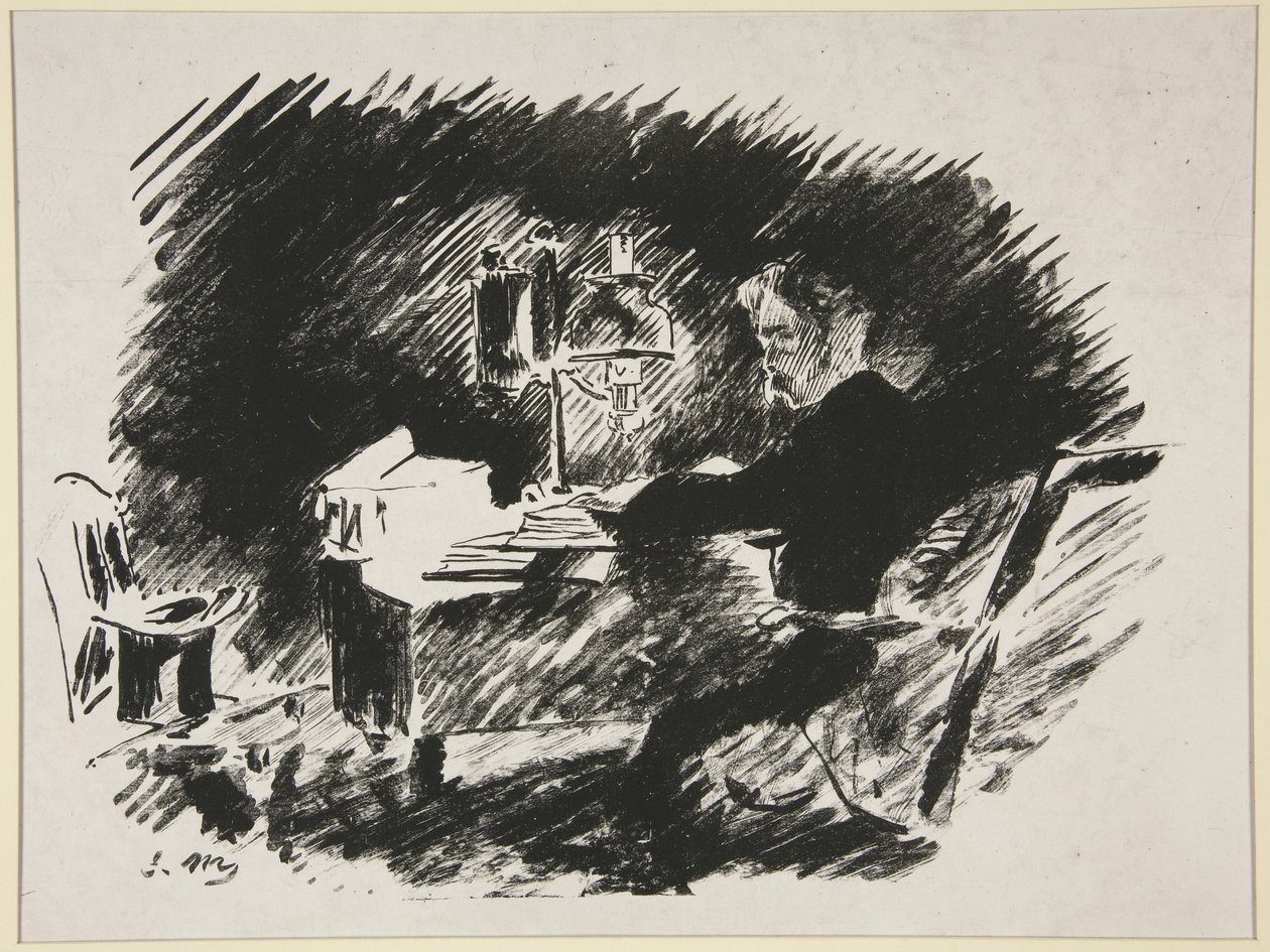 Sous la lampe, première illustration de la traduction par Mallarmé du « Corbeau » de Poe - Édouard Manet