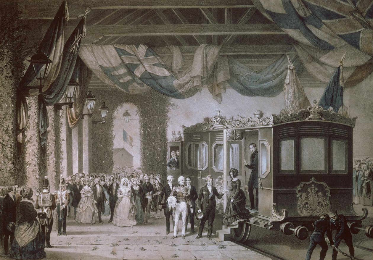 La reine Victoria (1819-1901) et le prince Albert (1819-61) arrivant à la gare de Gosport, Hampshire, gravé par Bayot & Cuvilier, 1846 - Edouard Pingret