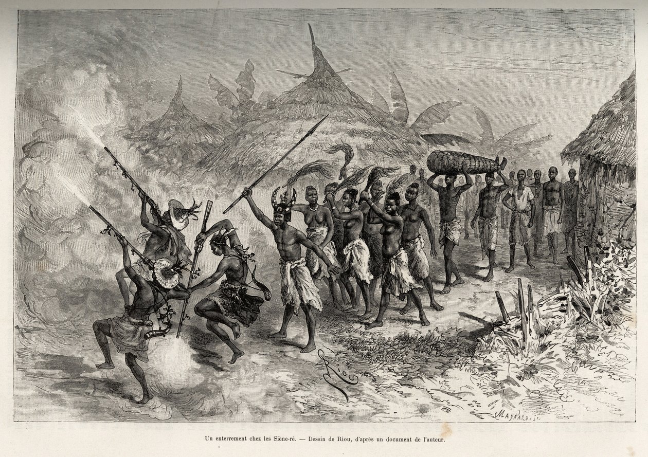 Un enterrement à Siene-re, à Fourou (Mali), le cortège funèbre traverse le village, mené par les hommes armés de la famille du défunt, suivi des femmes portant des queues de vache et du corps du défunt, attaché dans une natte. Gravure pour illustrer l