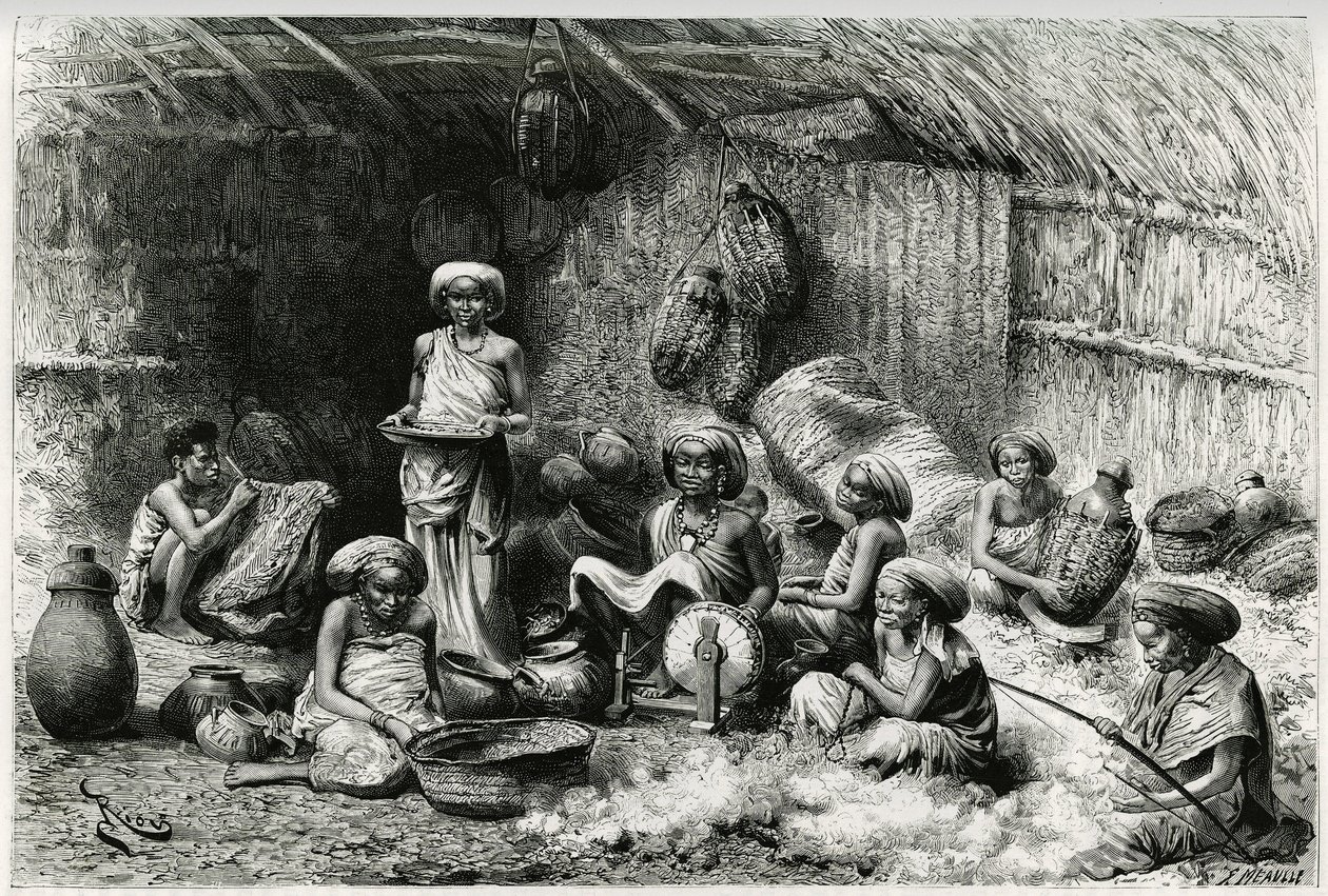 Un après-midi chez la favorite du Cheikh des Gobrons, activités des femmes : broderie et filage de la laine, vannerie et poterie. Gravure par Riou, pour illustrer le récit « Voyage chez les Benadir, les somalis et les Bayoun », en 1882-1883, par Georges Re - Edouard Riou