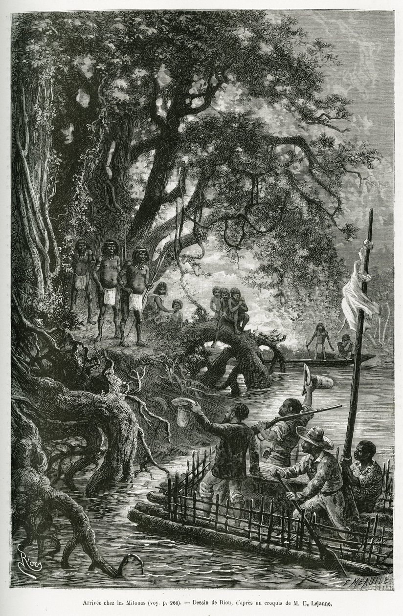 Arrivée du radeau du Dr. Crevaux et de E. Lejeanne, sur les rives bordant le village de Mitouas. Gravure de Riou, pour illustrer le voyage d
