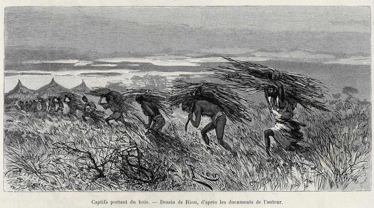 Captifs portant du bois dans la brousse (illustration de Du Niger au golfe de Guinée par le capitaine Louis Gustave Binger, 1887-1889, dans Le tour du monde) - Edouard Riou