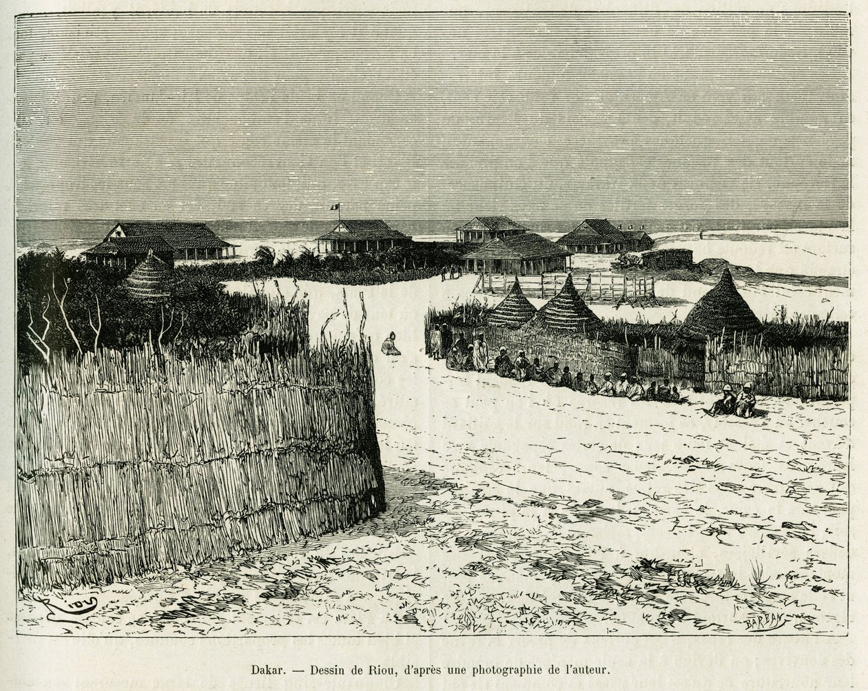Dakar. Gravure de Riou pour illustrer le récit Voyage à la Plata, trois mois de vacances par Émile Blaireaux en 1886, dans Le Tour du monde 1887, sous la direction d