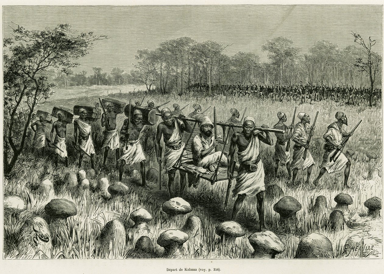 Départ de Kalassa, le narrateur voyageur dans sa chaise avec des porteurs. Gravure par Riou pour illustrer l