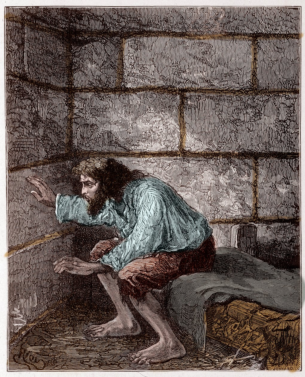 Edmond Dantès, alias le Comte de Monte-Cristo dans sa prison - Gravure par Riou, dans « Le Comte de Monte-Cristo » par Alexandre Dumas - Edouard Riou