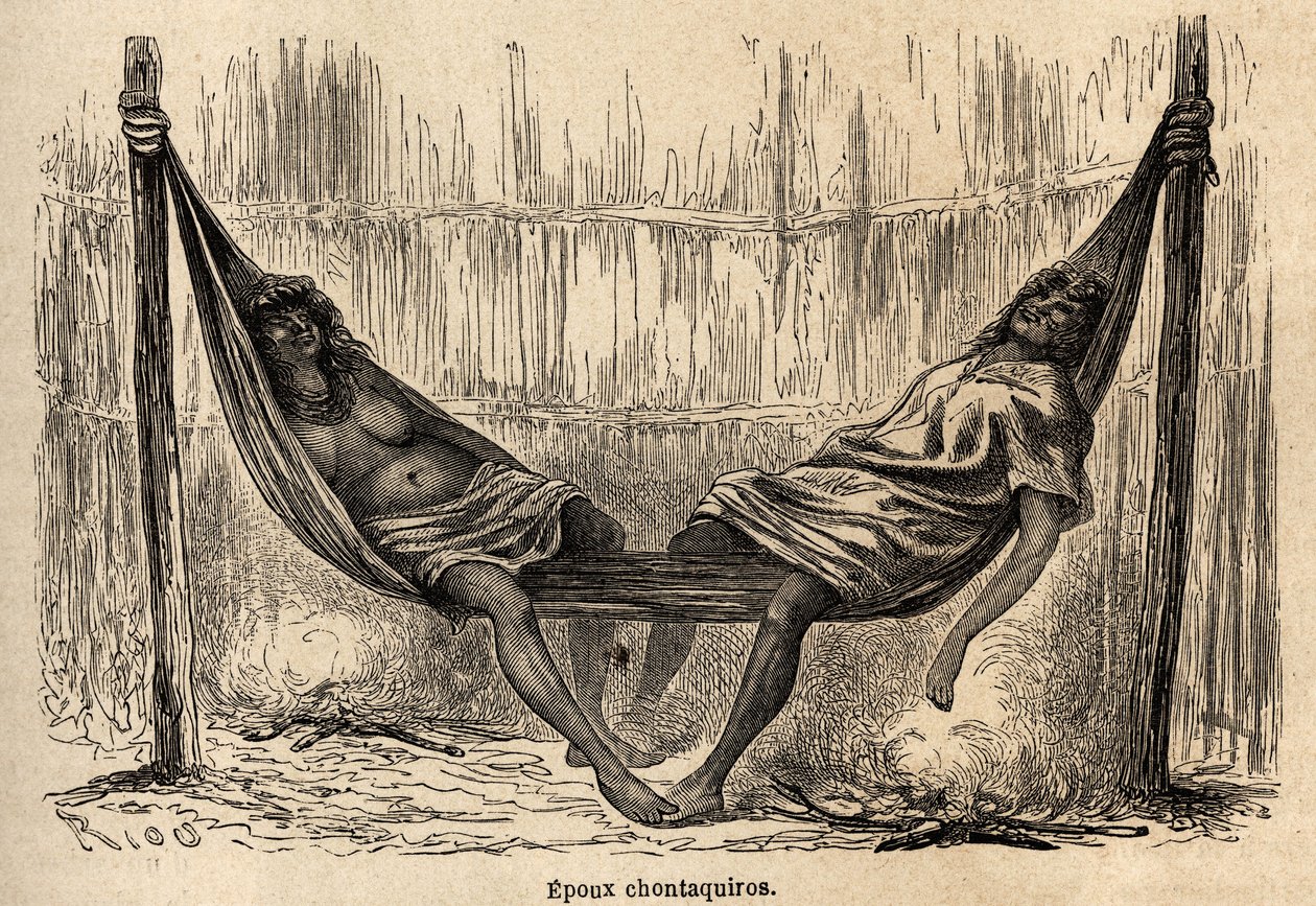 Maris indiens Chontaquiros du Pérou dormant, dans leur hamac nuptial, dessin de Riou pour illustrer le voyage, de 1848 à 1860, de P. Marcoy, de l