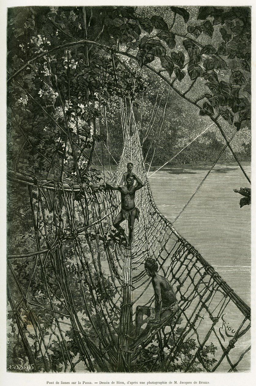 Pont de liane sur le Passa. Gravure par Riou, pour illustrer l