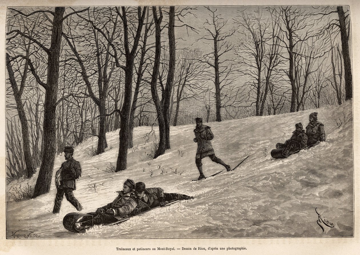 Luges et patineurs au plateau du Mont-Royal, près de Montréal, gravure d